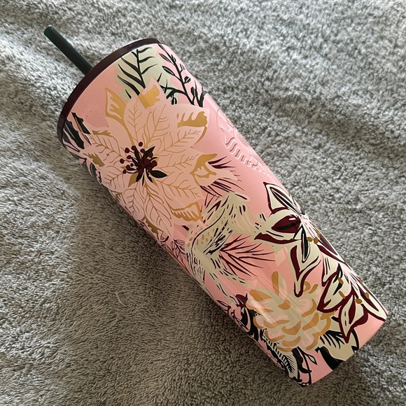 Starbucks Pink Floral stainless steel 24oz Tumbler with Maroon Accents - Picture 3 of 6